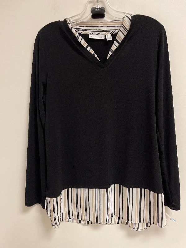 Women's Blouse with Peter Pan CollarTop Long Sleeve By Susan Graver In Black & Cream, Size: M