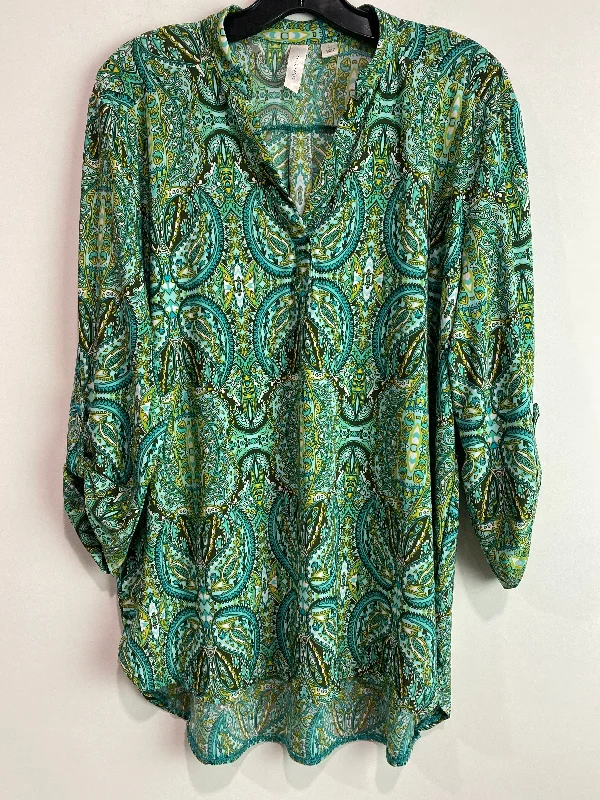 Women's Blouse with Peter Pan CollarTop Long Sleeve By Tacera In Green, Size: L