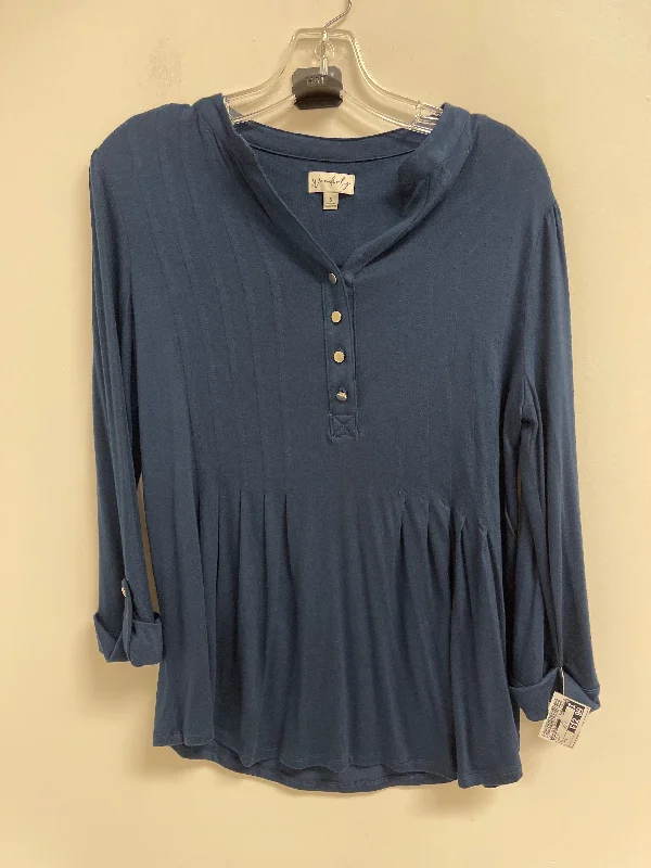 Women's Silk BlouseTop Long Sleeve By Wonderly In Navy, Size: S